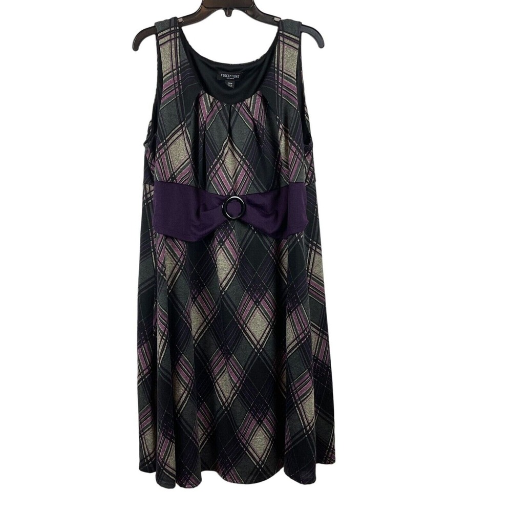 Perceptions Woman Plaid Empire Waist Dress Women 20W Purple Sleeveless Bow